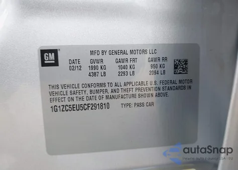 2012 Chevrolet Malibu 1Lt from USA, damaged, VIN 1G1ZC5EU5CF291810